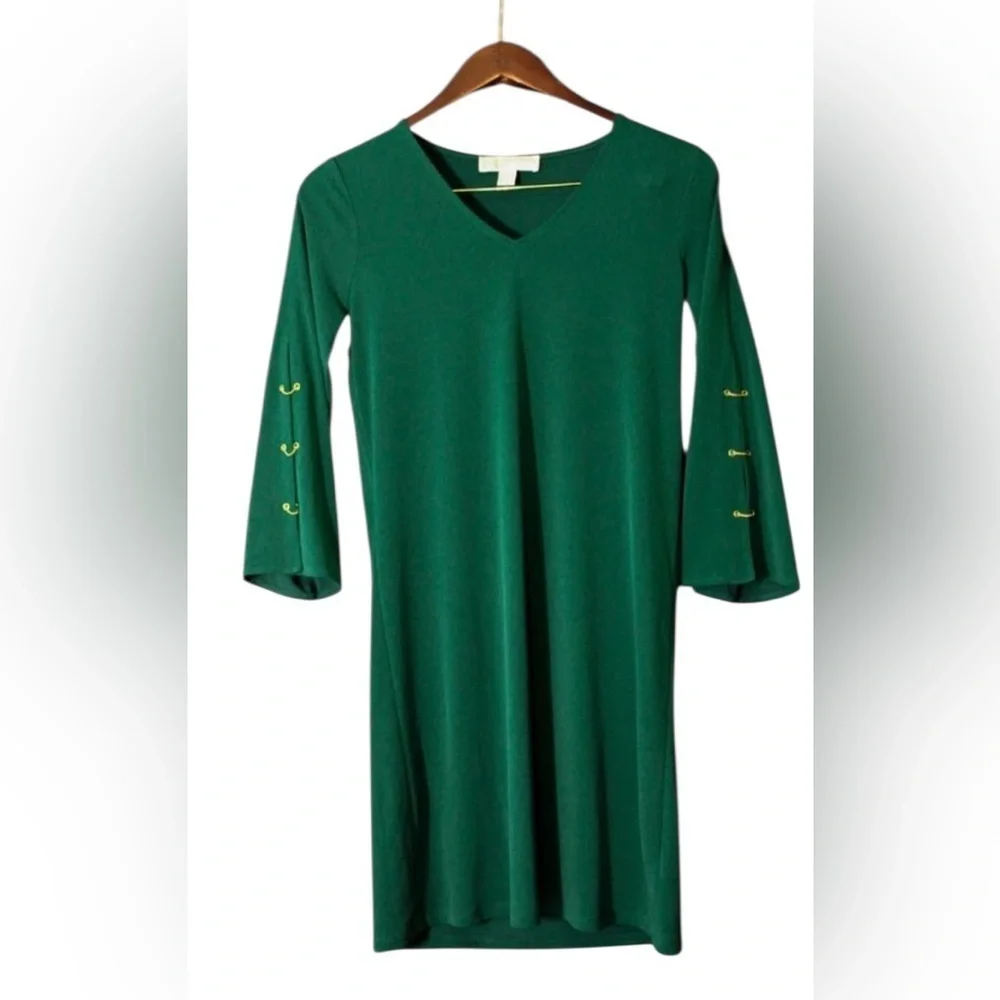 Michael Kors Green V-Neck Dress 3/4 Sleeve Gold Detail Women’s Size XL